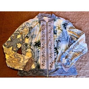 Jaipur Womens Blue Yellow Paisley Mesh Lace Trim Beaded Zip Up Jacket Large